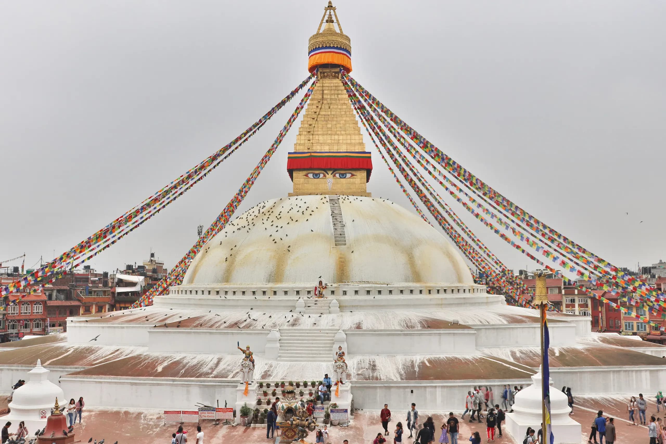 Boudhanath stupa in Kathmandu with strings of prayer flags
