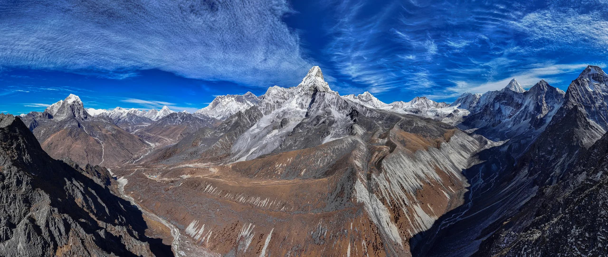 Panorama of the Khumbu giants — Ama Dablam in the centre with Everest and Lhotse behind